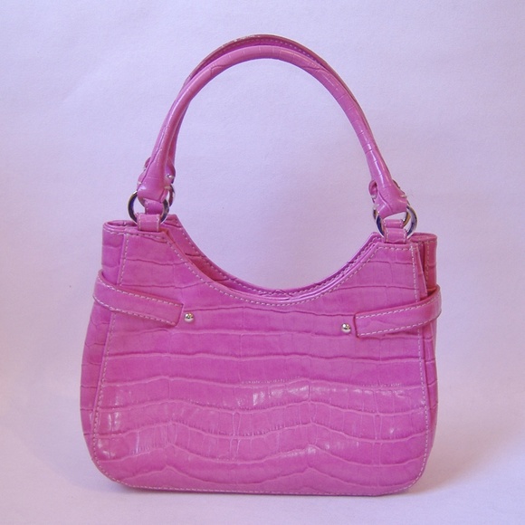 Salmon Pink Charter Club Purse Handbag Faux Crocodile Lined Silver Metal Tote - Picture 3 of 8